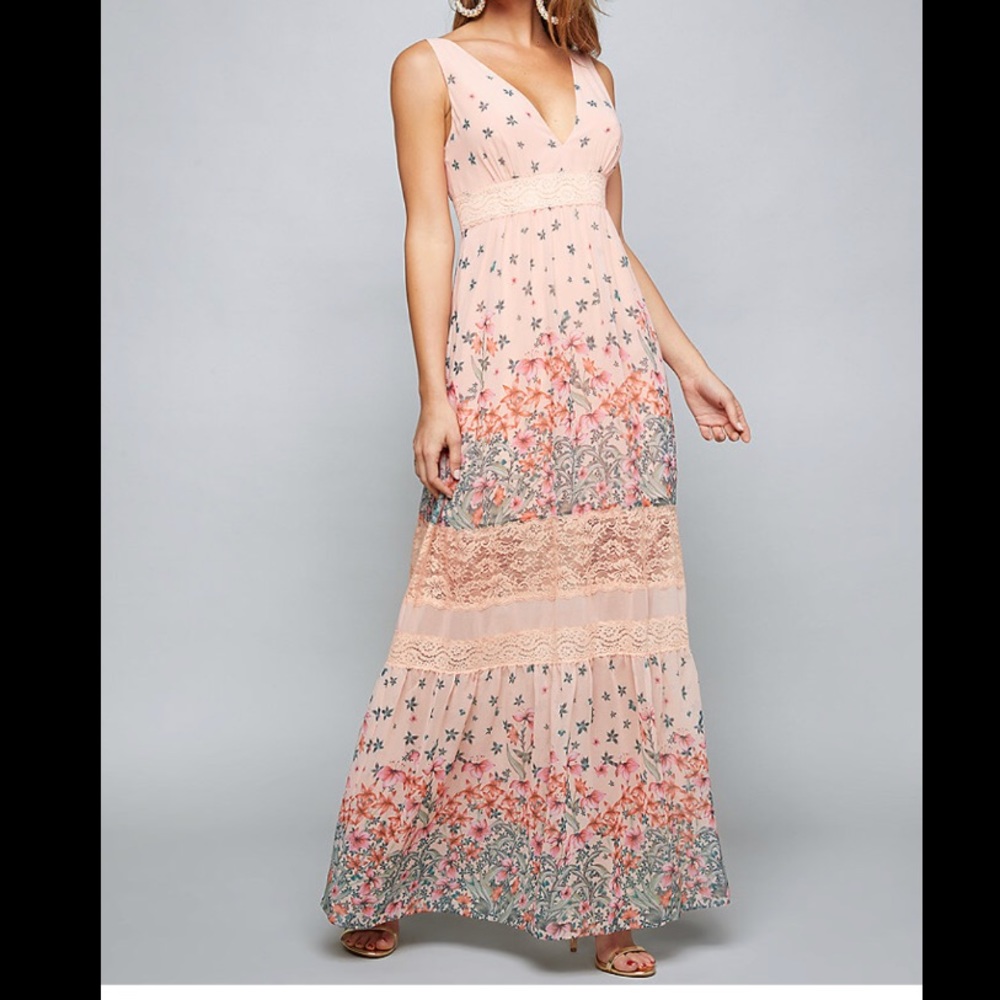 Bebe Lace Trim Print Maxi Dress